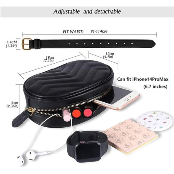 Black Fanny Packs,Leather Waist Bags for Women,Waterproof Belt Bag,Crossbody Bag - Picture 4 of 7
